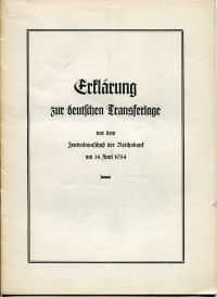 Schacht, Erklärung zur deutschen Transferlage vor dem Zentralausschuß der Reichs (Umschlag)