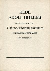 Hitler, Rede Adolf Hitlers zur Eröffnung des 3. Kriegs-Winterhilfswerkes im Berl (Umschlag)